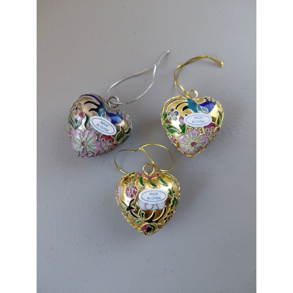 3 Vintage Cloisonne Puffy Heart Ornament Enamel & Filigree Flower Floral Pattern - Picture 5 of 6